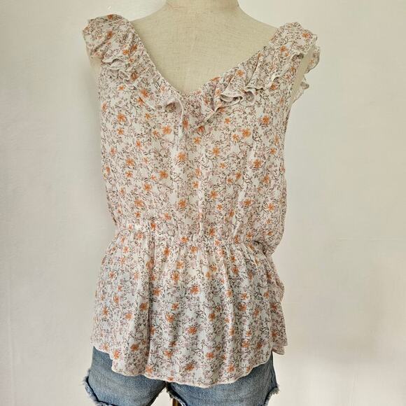 Melrose‎ and Market Ruffle Peplum Tank M Ivory Beige Ditsy Floral Top - Picture 1 of 8